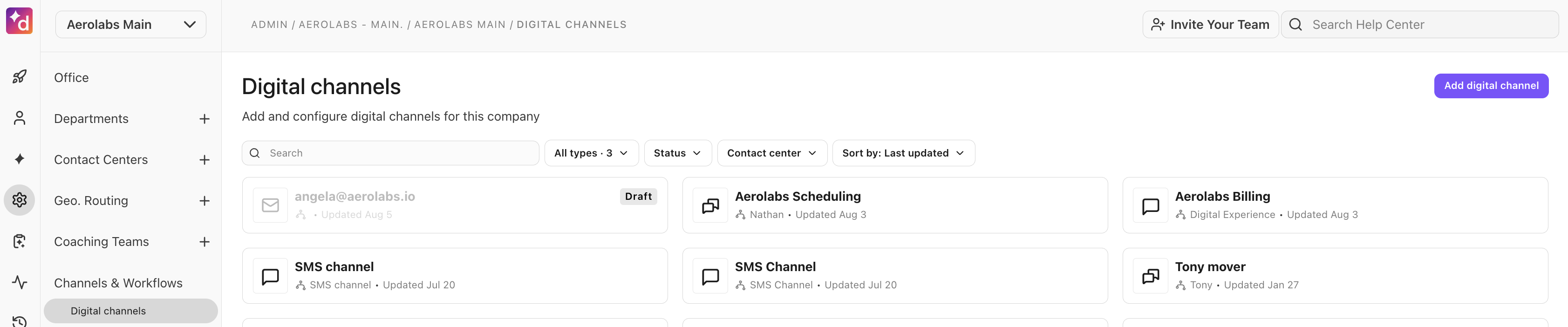 Overview of digital channels with options to add and configure for the company.